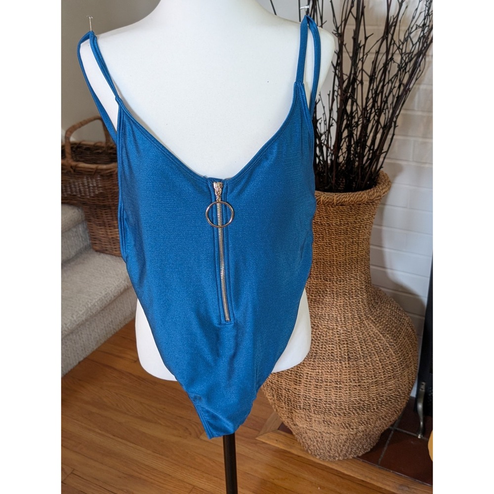 NWT No Boundaries Metallic Teal Blue One Piece Swimsuit ORing Zip Bodysuit M 7/9